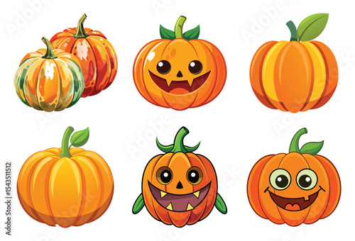 Halloween Pumpkins Different Faces Set on a transparent background.