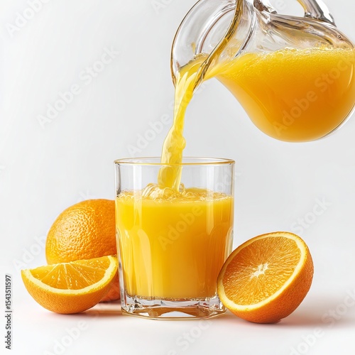Fresh orange juice being poured into a glass with several oranges beside it. The orange juice is a vibrant color, suggesting a burst of citrus flavor