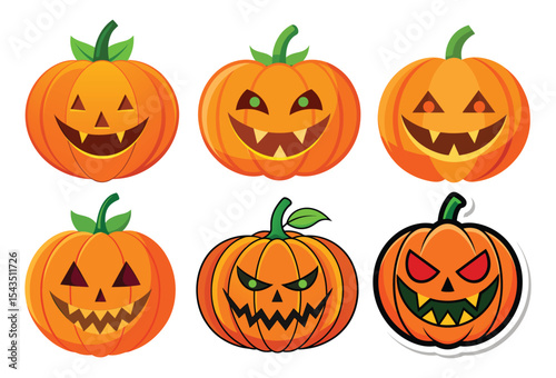 Halloween Pumpkins Different Faces Set on a transparent background.