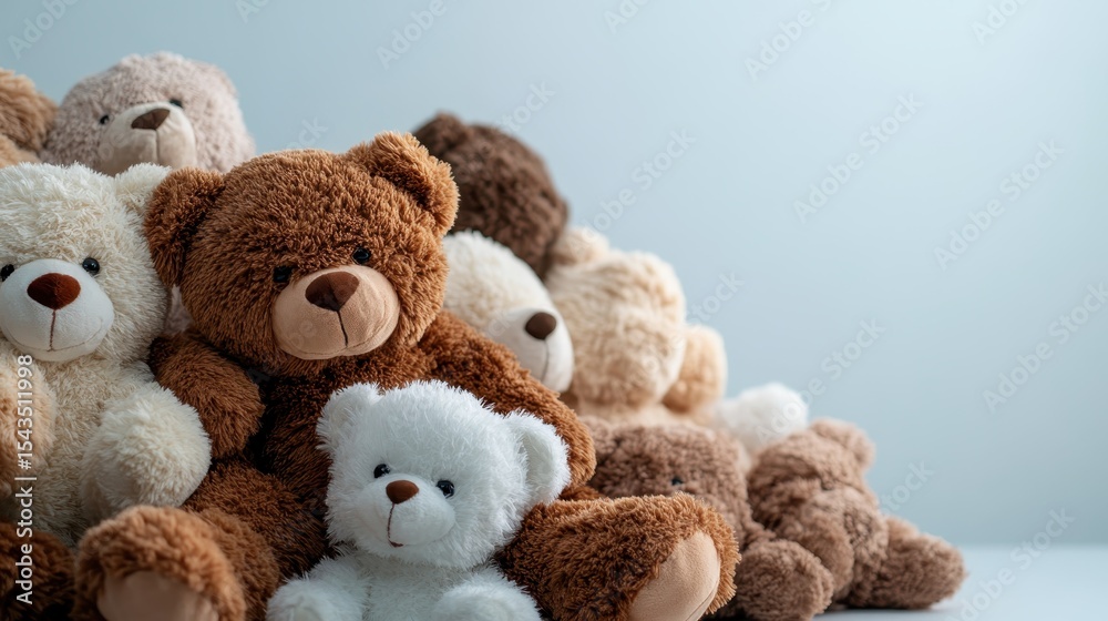 Obraz premium A delightful array of teddy bears in various colors and sizes creates a heartwarming scene, inviting feelings of nostalgia, comfort, and childhood memories.