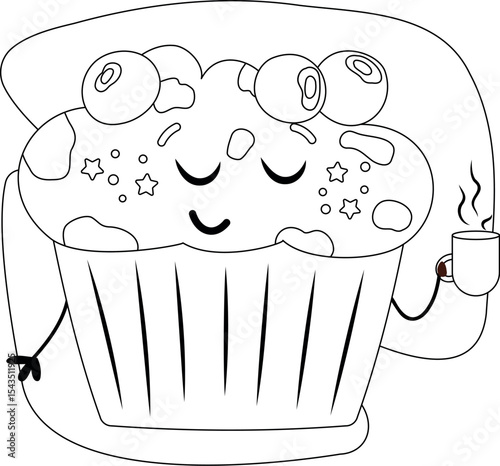 coloring page blueberry muffin drinking hot tea