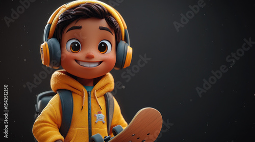Digital illustration of a cheerful child wearing headphones, a yellow hoodie, and carrying a skateboard