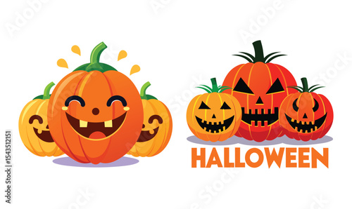 Halloween Pumpkins Different Faces Set on a transparent background.
