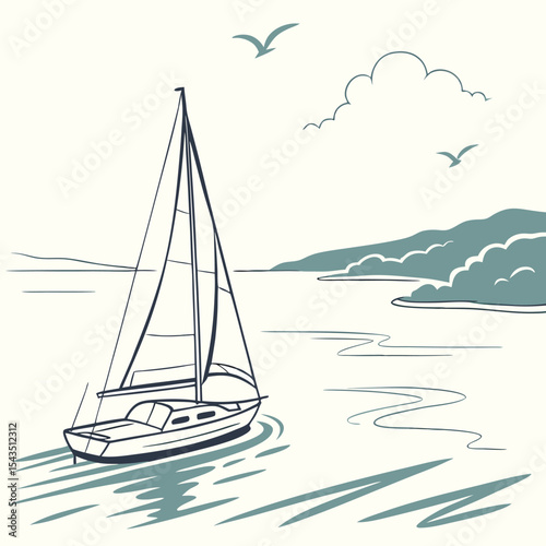 Elegant Sailboat Graphic Design Featuring a Coastal Seascape Perfect for Branding or Nautical Theme Projects