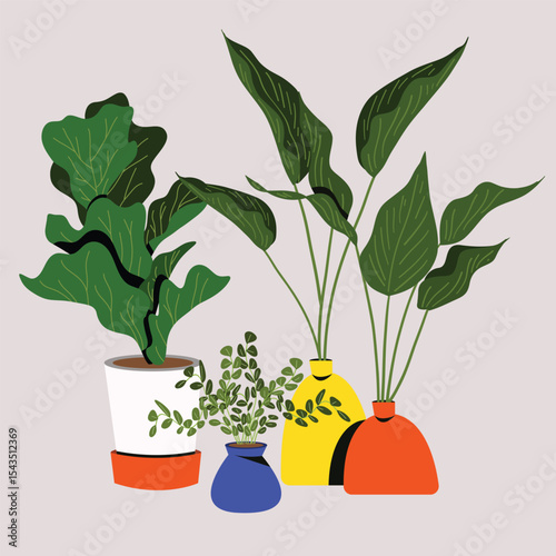 Indoor Houseplants in Colorful Pots Vector – Modern Botanical Home Decor Illustration