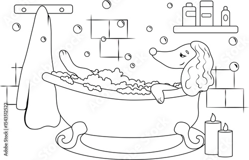 Coloring page with a dog taking a bath
