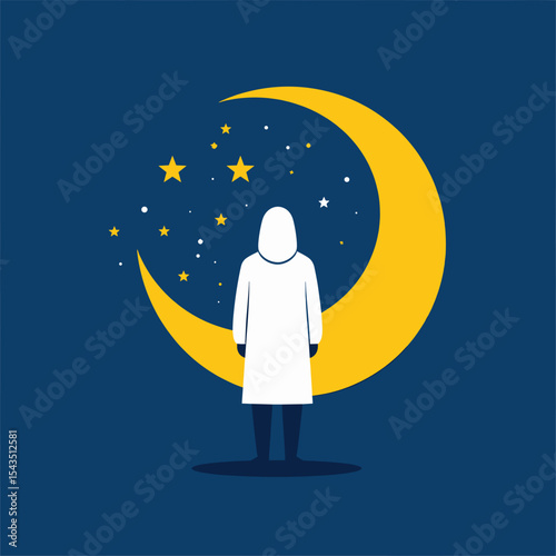 Minimalist Person Standing Before Crescent Moon and Stars – Dreamy Night Sky Illustration Concept