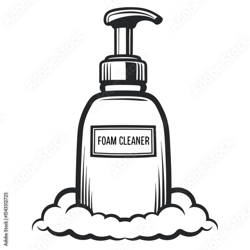 Foam Cleanser Bottle Illustration: Outline Style, Pump Dispenser, Bubbles Base, Black and White, Isolated on White, Vector Graphics, Skincare Product, Hygiene. (178 characters)