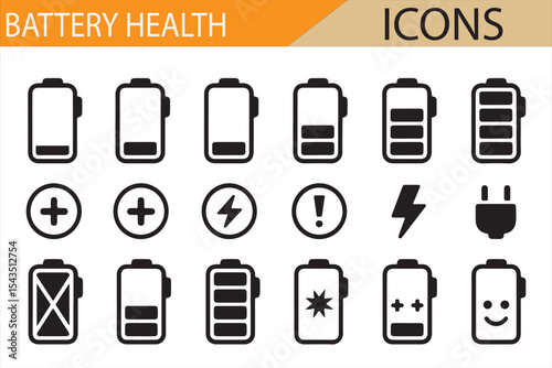Battery Health and Charging Status Icons for Devices, Representing Battery Life and Power