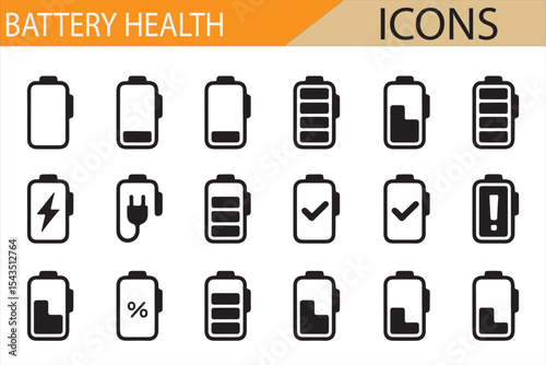 Vector Icons of Battery Levels, Charging, and Battery Health Status for Digital Devices