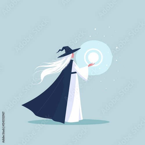 Fantasy illustration of a white-haired sorceress casting magic spell, wearing a dark cape and wizard hat on blue background