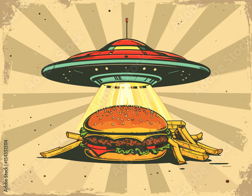 Vintage UFO Abducting Cheeseburger and French Fries Illustration – Retro Comic Style Fast Food Concept