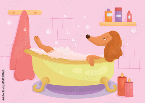 Brown dog relaxing in the bath
