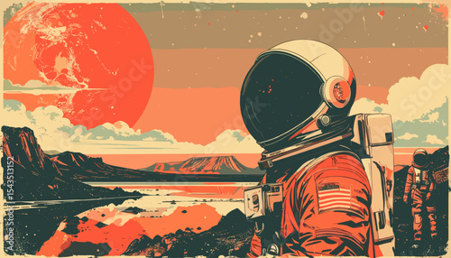 Retro sci-fi illustration of astronaut exploring alien planet landscape with red skies and distant planets, vintage space art in bold color palette