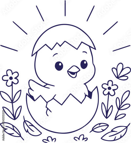 Cute baby chick hatching from egg in floral line art style