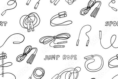 Seamless pattern of jump rope. Skipping ropes. Sports equipment for fitness. Great for banners, sites, posters, design elements. Vector illustration EPS10. Hand drawn. Doodles