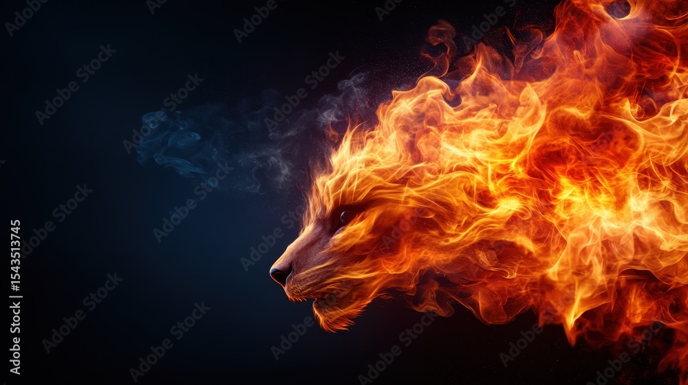 Fototapeta premium An artistic representation of a lion's head formed from vibrant flames, capturing the essence of power and passion through swirling fire, embodying strength and ferocity.