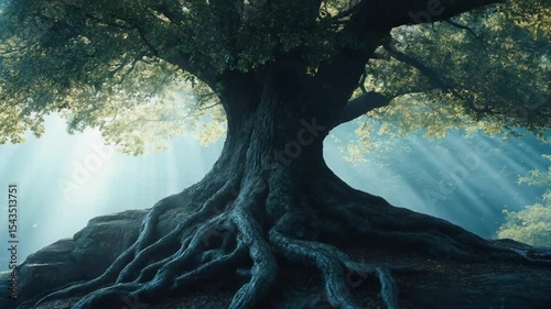 Close up of tree trunk with sprawling roots and sunlight filtering through green leaves