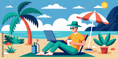 Relaxed Man Working Remotely on Tropical Beach Freelance Lifestyle Design