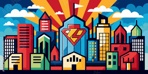 Vibrant Cityscape Design Featuring a Superhero Logo Ideal for Branding and Urban Themed Projects