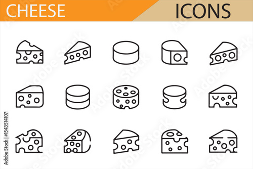 Vector Cheese Icons Showing Cheese Wedges, Circular Shapes, and Dairy Slices

