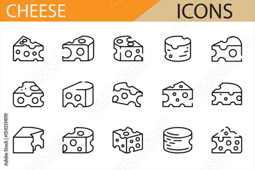  Set of Cheese Icons Representing Various Types and Shapes, Including Cheese Wedges, Slices, and Circular Cheese, Vector Graphics