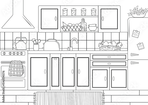Coloring page with kitchen interior, refrigerator, stove, kitchen furniture