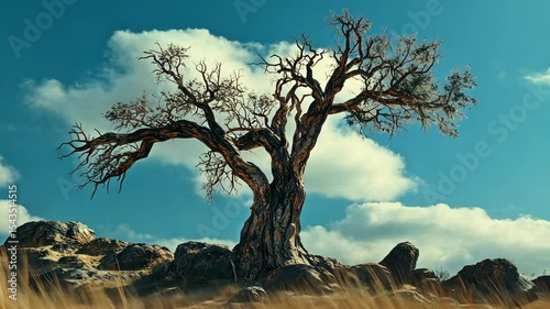 A lone, weathered tree stands tall amidst a rocky, grassy landscape under a vibrant sky