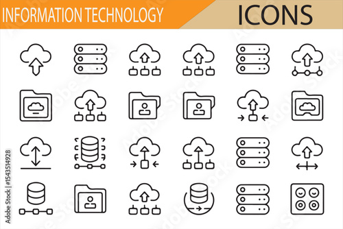 Set of Information Technology Icons Representing Cloud Computing, Cybersecurity, Data Management, and Digital Connectivity, Vector Graphics