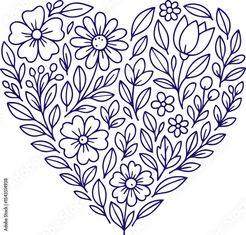 Floral heart shape in line art style with flowers and leaves