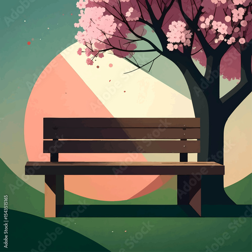 Modern Spring Rest – Wooden Bench Beneath Blossoming Tree and Bold Abstract Wall