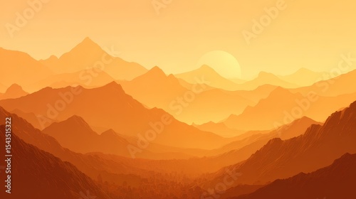 Golden sunset vector background with sun disappearing in warm orange and yellow haze, abstract sundown scene for nature, landscape, or atmospheric design concepts