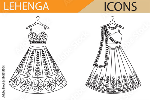 Set of Lehenga Icons Representing Traditional Bridal and Wedding Dresses for Fashion Design