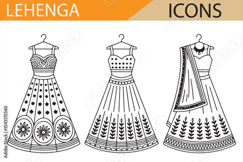 Ethnic Lehenga Icons Representing Wedding and Celebration Dresses in Vector Design