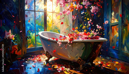 Evening Bath with Cherry Petals – Warm Light and Tranquil Floral Stillness