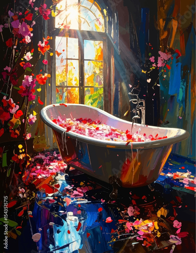 Evening Bath with Cherry Petals – Warm Light and Tranquil Floral Stillness