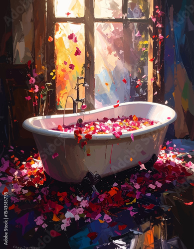 Evening Bath with Cherry Petals – Warm Light and Tranquil Floral Stillness