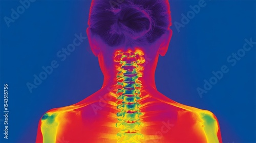 Medical thermal infrared scan of female back showing full spine and upper body with temperature gradient from blue cold to red hot, potential joint inflammation visualized by color heat map
