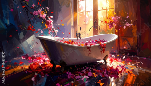 Evening Bath with Cherry Petals – Warm Light and Tranquil Floral Stillness