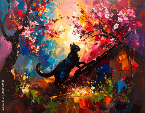 AI Generated Silhouette of Cat Stretching with Colorful Abstract Background