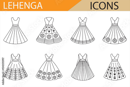 Set of Lehenga Icons Representing Traditional Bridal and Wedding Dresses for Fashion Design

