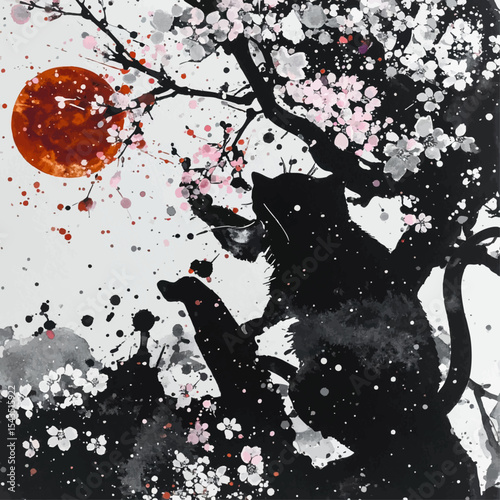 AI Generated Silhouette of Cat Stretching with Colorful Abstract Background