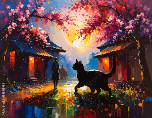 AI Generated Silhouette of Cat Stretching with Colorful Abstract Background