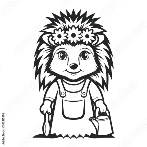 Cute Hedgehog Gardener Black and White Illustration: Stylized Animal with Flowers, Overalls, Gardening Tools, Cartoon Graphic Ready for Coloring Book Pages.