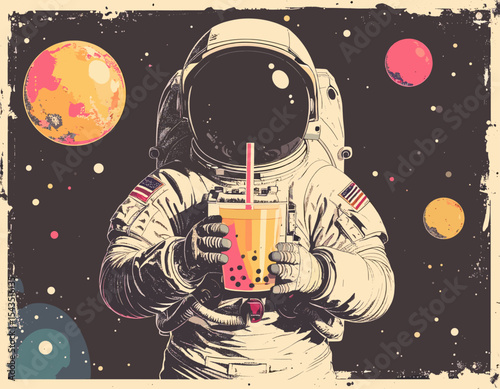 Astronaut Holding Bubble Tea in Space with Planets and Stars