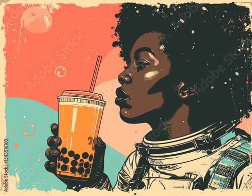 Retro pop-art illustration of Black female astronaut drinking bubble tea, futuristic and playful concept with bold colors and vintage sci-fi aesthetic