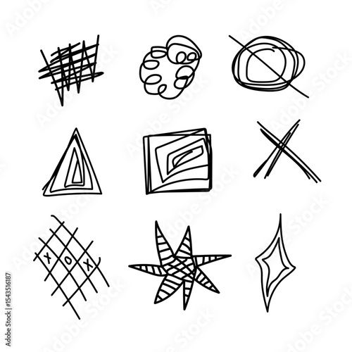 Set of shapes triangle, square, cross, lines. Hand drawn brush stroke, Vector illustration.