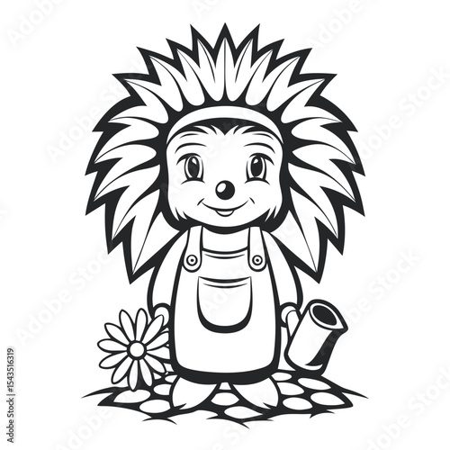 Cartoon Hedgehog Coloring Page: Cute Animal Character in Overalls with Flower and Pot, Line Art Illustration for Kids' Activity Books and Design Projects