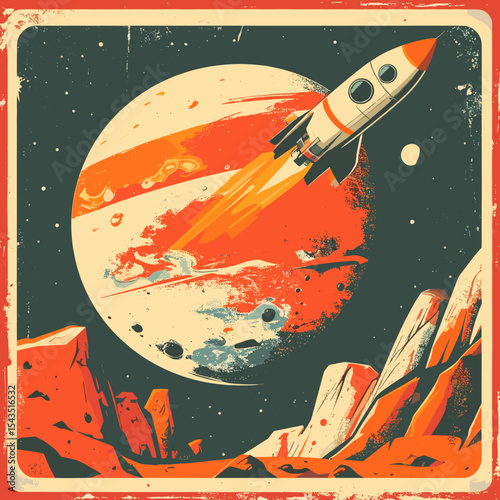 Retro sci-fi illustration of rocket launching into space with colorful planet and alien terrain, vintage space travel artwork with bold colors and stylized design