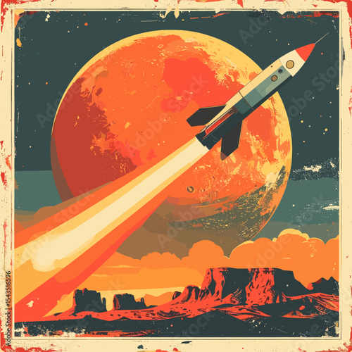 Retro sci-fi illustration of rocket launching into space with large red planet and desert landscape, vintage space exploration art with bold colors and stylized design